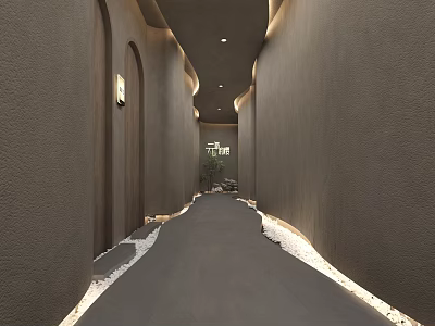 Modern Elevator Hallway With Gray Textured Walls Recessed Lighting And Pebble Accent Floor 3d model
