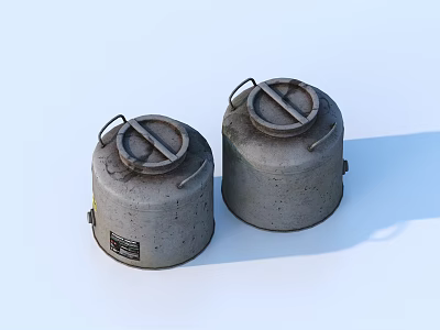 Two Worn Metal Cans With Round Lids And Side Handles 3d model