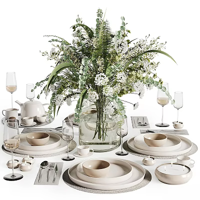 Elegant Tableware Set With Plates Cups Wine Glasses And Floral Vase Arrangement 3d model