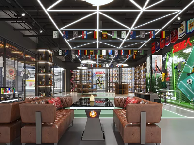 Modern Indoor Lounge Space With Brown Leather Sofas Central Table Ceiling Flags And Green Plants 3d model
