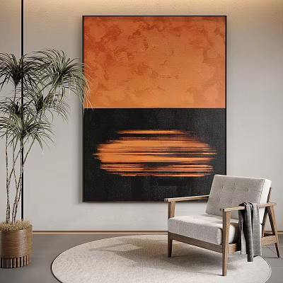 Modern Abstract Painting Featuring Orange Black Fluid Lines In Living Room With Chair And Plant 3d model