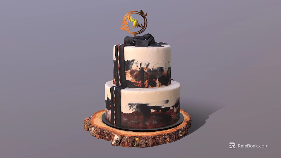 Two Tiered Cake With Black White Drizzle Decorations And Top Ornament On Rustic Wooden Base 3d model 
