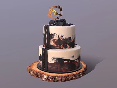 Two Tiered Cake With Black White Drizzle Decorations And Top Ornament On Rustic Wooden Base 3d model