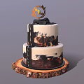 Two Tiered Cake With Black White Drizzle Decorations And Top Ornament On Rustic Wooden Base