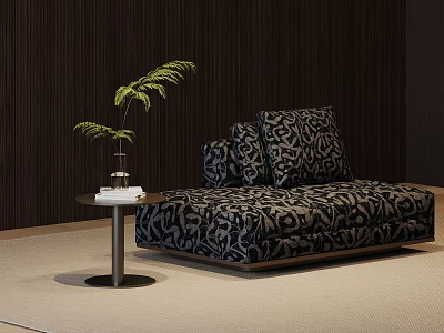 Modern Patterned Chaise Lounge with Cushions Side Table Green Plant and Light Carpet 3d model