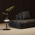 Modern Patterned Chaise Lounge with Cushions Side Table Green Plant and Light Carpet