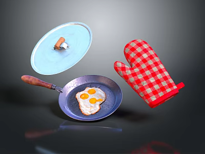 Kitchen Cooking Tools Setup With Frying Pan Fried Egg Lid And Checkered Oven Mitt 3d model