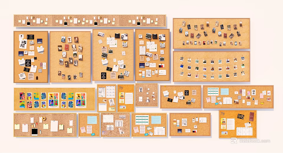 Cork Boards With Notes Photos And Organized Items On Display Collection 3d model