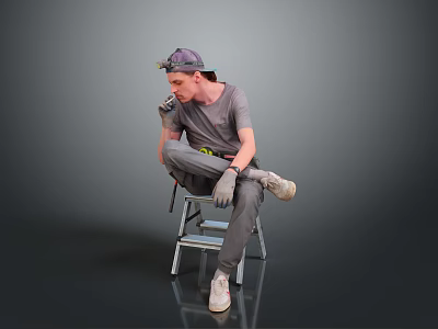 Man sitting on ladder wearing gray t-shirt pants hat and gloves holding tools 3d model