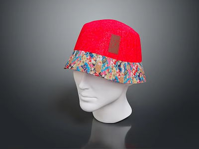 Stylish Red Hat with Colorful Patterned Brim and Leather Patch Design 3d model