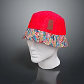 Stylish Red Hat with Colorful Patterned Brim and Leather Patch Design