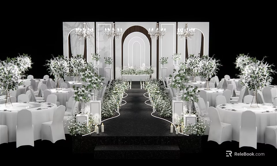 Elegant Banquet Hall With White Chairs Floral Decorations Chandeliers And Arched Backdrop 3d model 