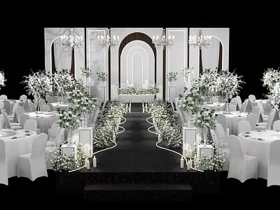 Elegant Banquet Hall With White Chairs Floral Decorations Chandeliers And Arched Backdrop 3d model