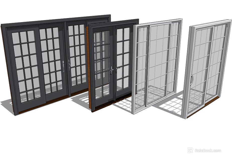 Different Styles Of Sliding Doors With Black Silver Frames And Glass Panels 3d model 