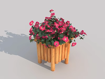Lush Potted Plant With Pink Flowers And Green Leaves In Wooden Planter 3d model