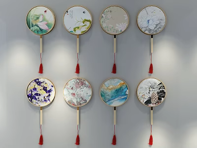 Round Traditional Patterned Wall Hangings With Wooden Handles And Red Tassels 3d model