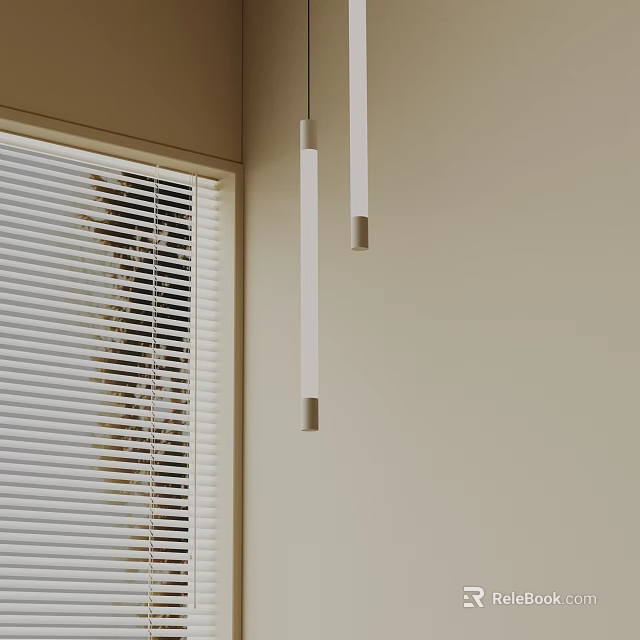 Minimalist Slim Pendant Light in Modern Interior with Beige Wall and Window Blinds 3d model 