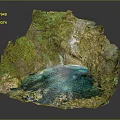 Natural Garden Landscape With Rockery Waterfall Turquoise Pool And Green Vegetation