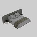 Modern Double Bed Interior With Upholstered Headboard Striped Linen Pillows And Nightstand