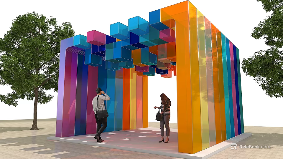 Colorful Geometric Outdoor Structure With Vibrant Hanging Cubes Stripes And Visitors 3d model 