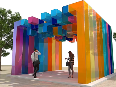 Colorful Geometric Outdoor Structure With Vibrant Hanging Cubes Stripes And Visitors 3d model