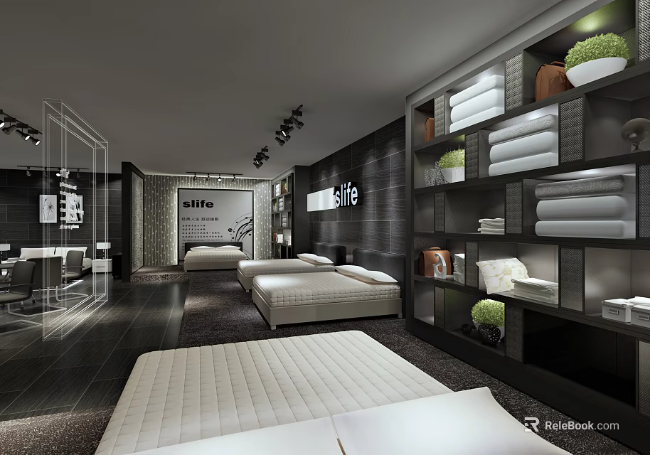 Modern Mattress Store Showroom With Comfortable Beds Mattresses And Shelves Green Plants For Home Bedding 3d model 