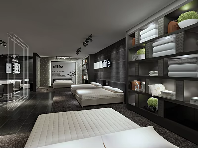 Modern Mattress Store Showroom With Comfortable Beds Mattresses And Shelves Green Plants For Home Bedding 3d model