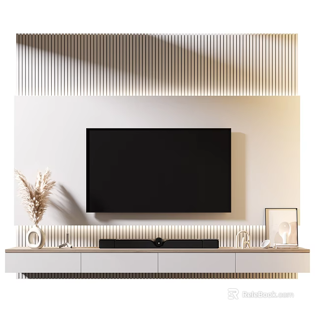 Modern TV Wall Design With Slatted Panel Cabinet And Soundbar 3d model