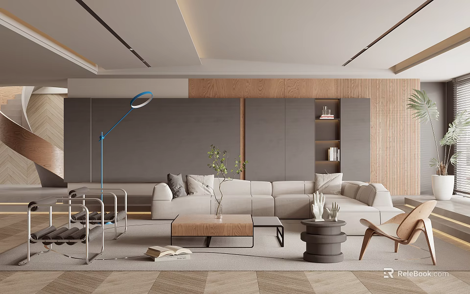 Stylish Modern Living Room Interior Design With Comfortable Sofa Coffee Table Floor Lamp And Wooden Wall 3d model 