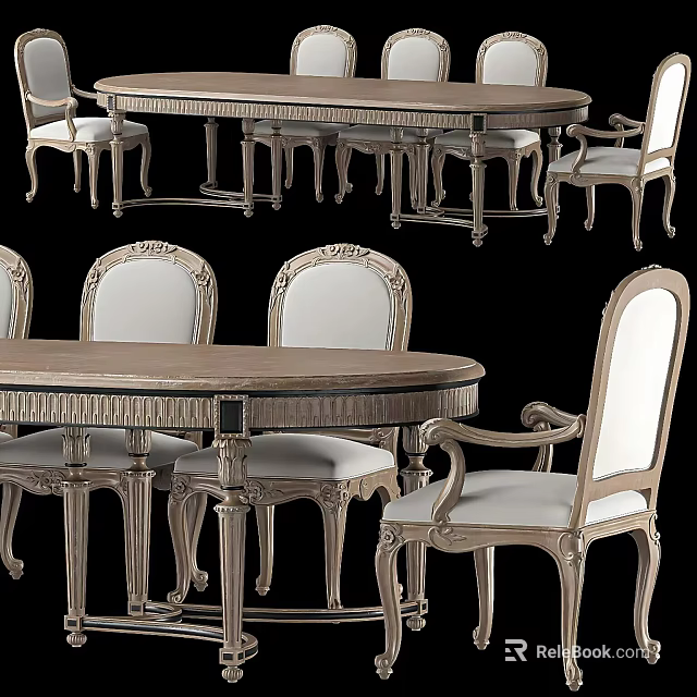 Classic Dining Table Set with Carved Details Armchairs Oval Wooden Table and Light Upholstered Seats 3d model 