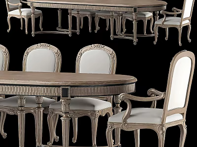Classic Dining Table Set with Carved Details Armchairs Oval Wooden Table and Light Upholstered Seats 3d model