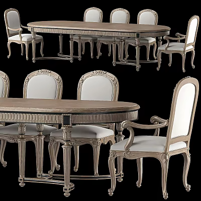 Classic Dining Table Set with Carved Details Armchairs Oval Wooden Table and Light Upholstered Seats 3d model