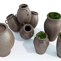 Ceramic Vessels In Various Sizes And Shapes With Green Moss Inside 3d model