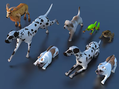 Group of Various Animals Including Dalmatian Puppy Goat and Frogs 3d model