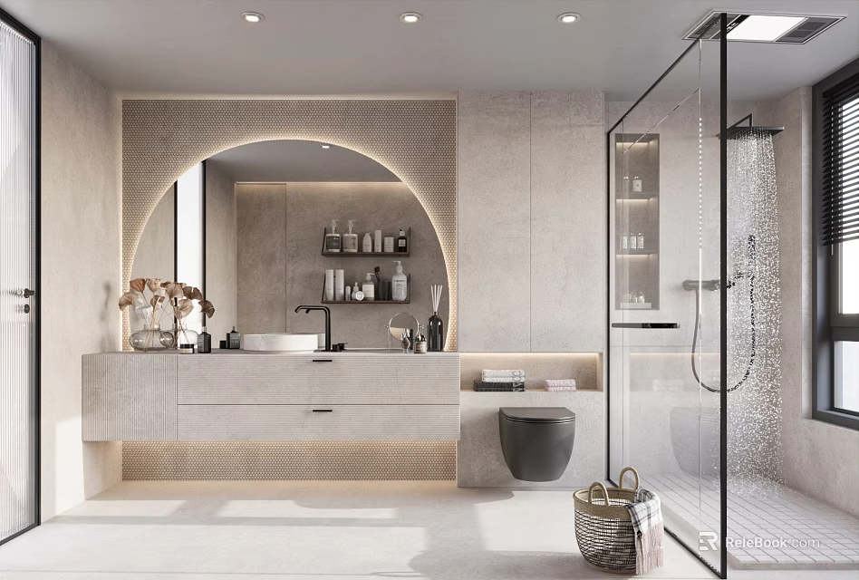 Modern Bathroom Interior With Round Mirror Vanity And Shower 3d model 