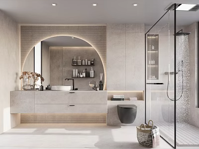 Modern Bathroom Interior With Round Mirror Vanity And Shower 3d model