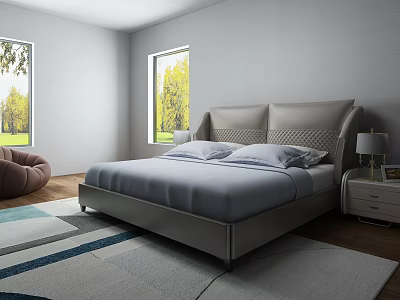 Modern Double Bed With Gray Headboard Pillows Nightstand Lamp Wooden Floor Rug And Windows 3d model