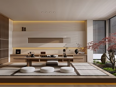 Japanese Style Tea Room With Tatami Mats Low Table Tea Set And Wooden Decor 3d model