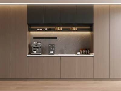 Modern Staff Break Room Interior Design With Black Cabinets Marble Countertop And Coffee Machine 3d model