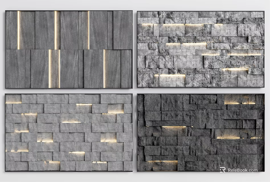 Modern Background Wall Designs With Stone Wooden Panels And Lighting Strips 3d model 
