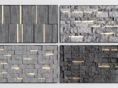 Modern Background Wall Designs With Stone Wooden Panels And Lighting Strips 3d model