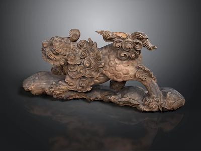 Traditional Wooden Mythical Lion Carving With Intricate Cloud Patterns And Ancient Style 3d model