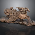 Traditional Wooden Mythical Lion Carving With Intricate Cloud Patterns And Ancient Style