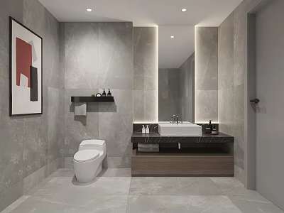 Elegant Modern Grey Marble Bathroom Interior With Sleek Toilet And Illuminated Floating Vanity Design 3d model