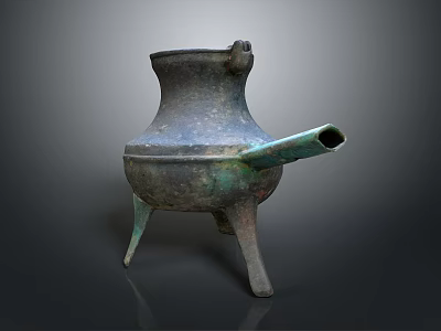 Ancient Intricate Bronze Sculpture With Three Legs Long Spout And Ornate Handles 3d model