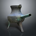 Ancient Intricate Bronze Sculpture With Three Legs Long Spout And Ornate Handles