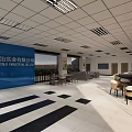 Leisure Area With White Tiled Floor Black Square Patterns Blue Display Board Tables Chairs Piano