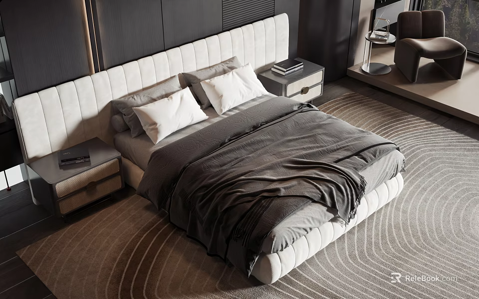 Modern Double Bed With White Headboard Gray Bedspread And Nightstands On Carpet 3d model 