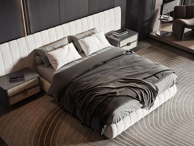 Modern Double Bed With White Headboard Gray Bedspread And Nightstands On Carpet 3d model