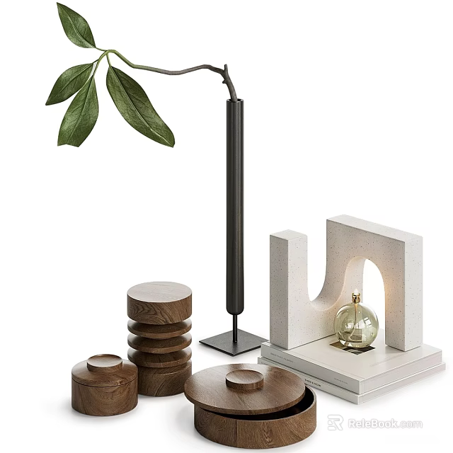Decorative Ornament Set With Green Leaves Black Lamp Wooden Stacked Pieces And White Geometric Decor 3d model 